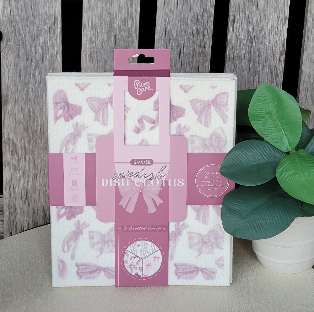 Pure Care Swedish Dish Cloths with Pink Bows 6 Pack